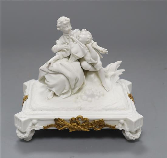 A Parian ware Volkstedt Rudolstadt Saxe figure group on gilt mount H.12cm